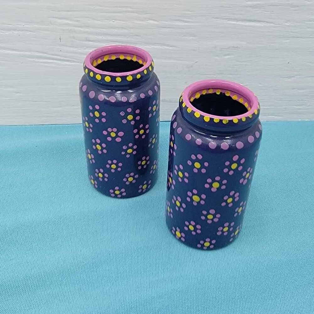 Hand Painted Jar Mini Vases Set Floral Blue Pink Yellow Boho Cottage Chic Decor